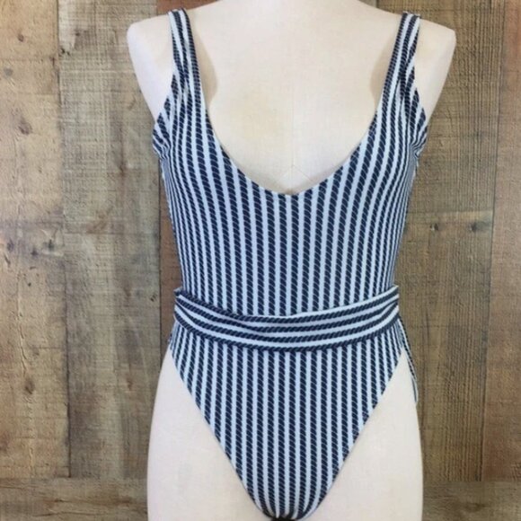Boohoo Nautical Stripe Beach X-Large Swimsuit Blue And White With Belt.  NWT - Picture 2 of 7